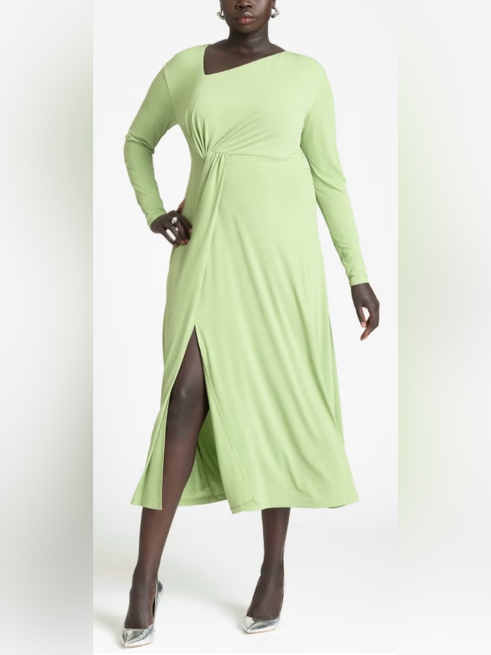 NEW Eloquii Twist Detail Fit & Flare Long Sleeve Asymmetrical Neck Dress Size 18